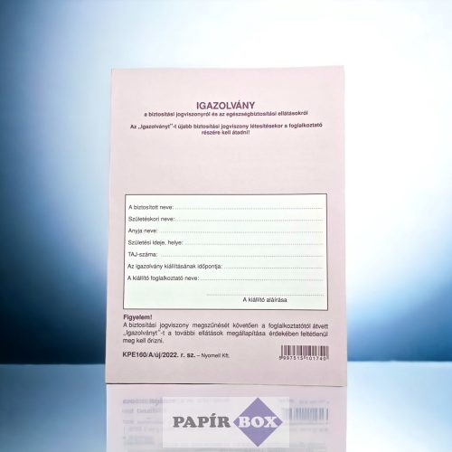 KPE 160 TB igazolvány (OEP)