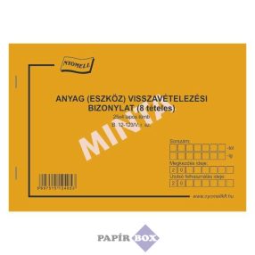   B.12-123/V Anyag (eszköz) visszavételezési bizonylat, 8 tételes, A/5