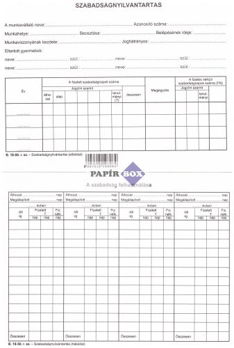 B.18-50 Szabadság nyilvántartó karton A/5