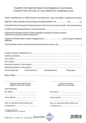 B.Váll.345/V Engedély más tulajdonát képező személygépkocsi használatára