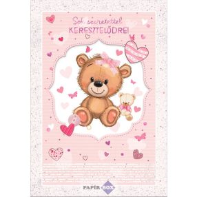 Képeslap, keresztelő, macis, kislány