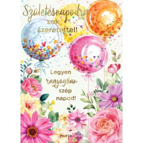 Zenélő képeslap, szülinapos, lufis, virágos