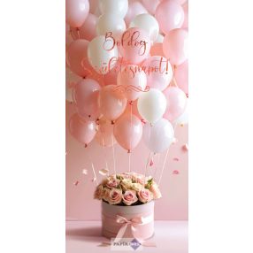 Képeslap, Születésnap, Virágdoboz lufikkal