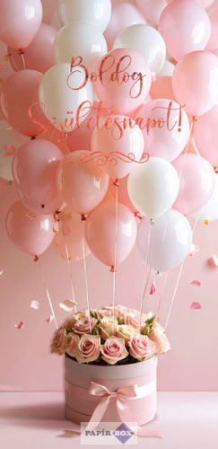 Képeslap, Születésnap, Virágdoboz lufikkal