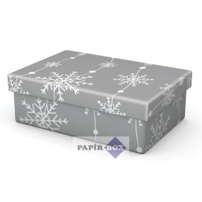 Díszdoboz, T1, Karácsonyi, ezüst, csillagokkal, 12x8x4 cm