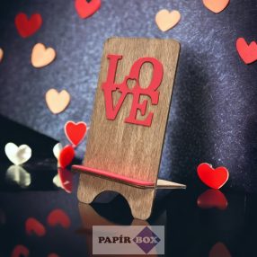 Asztali mobiltartó, fa, LOVE