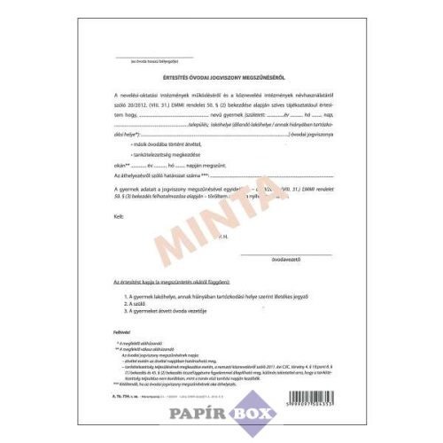 A.TÜ 734 Értesítés óvodai jogviszony megszűnéséről