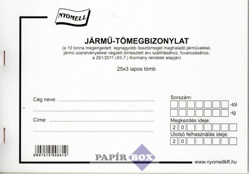 D.G. Jármű-Tömegbizonylat A/5, 25x3 lapos tömb