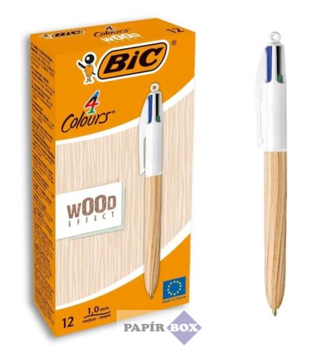 Golyóstoll, 0,32 mm, nyomógombos, négyszínű, BIC "4 Colours Wood Effect"