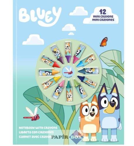 Kreativ szett, Bluey, A/4 füzet + 12 db mini zsírkréta