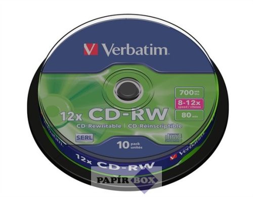 CD-RW lemez, újraírható, SERL, 700MB, 8-10x, hengeren VERBATIM, 10db/csg