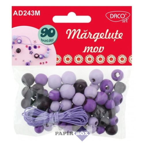 Fa golyó, fűzhető, vegyes méret, Daco, lila, 90 db/csg