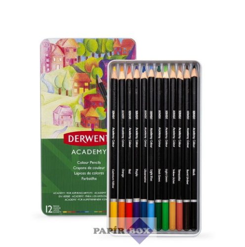Színes ceruza készlet, fém doboz, DERWENT "Academy", 12 különböző szín