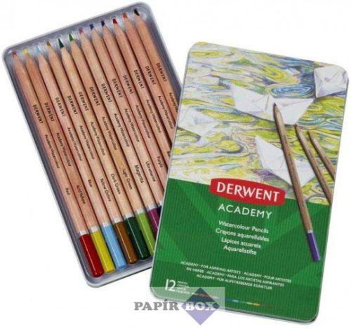 Akvarell ceruza készlet, fém doboz, DERWENT "Academy", 12 különböző szín