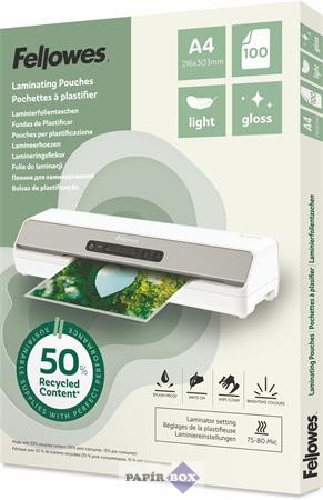 Meleglamináló fólia, 80 mikron, A/4, fényes, 100 db, FELLOWES "Light"