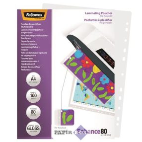   Meleglamináló fólia, lefűzhető, 80 mikron, A/4, fényes, 100 db, FELLOWES