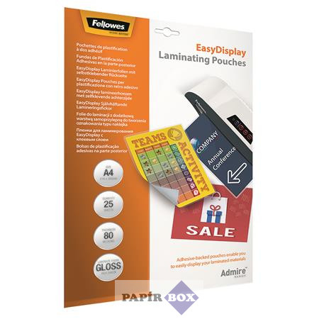 Meleglamináló fólia, 80 mikron, A/4, fényes, öntapadó, 25 db, FELLOWES "Admire Easy Display"