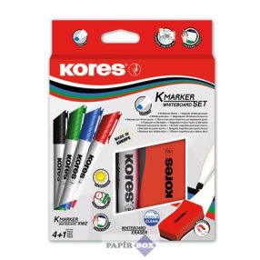   Tábla- és flipchart marker készlet mágneses táblatörlő szivaccsal, 3-5 mm, vágott, KORES