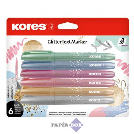 Szövegkiemelő készlet, 3-5 mm, KORES "Glitter", 6 különböző csillámos szín