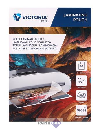 Meleglamináló fólia, 75 mikron, A/4, fényes, VICTORIA OFFICE