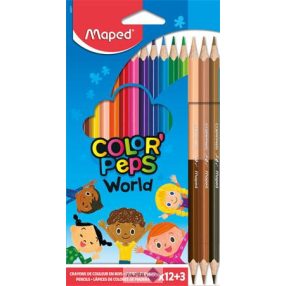 Színes ceruza készlet, háromszögletű, MAPED "Color'Peps World", 12+3 kétvégű bőrtónus ceruza