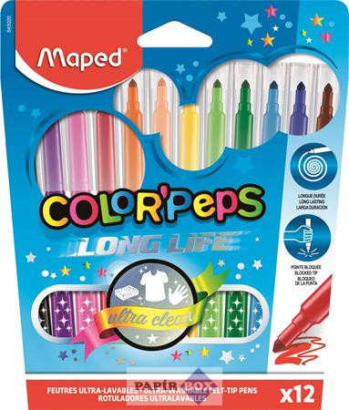 Filctoll készlet, 1-3,6 mm, kimosható, MAPED "Color'Peps Long Life", 12 különböző szín