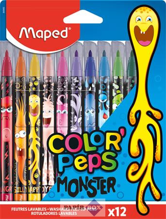 Filctoll készlet, 2,8 mm, kimosható, MAPED "Color'Peps Monster" 12 különböző szín