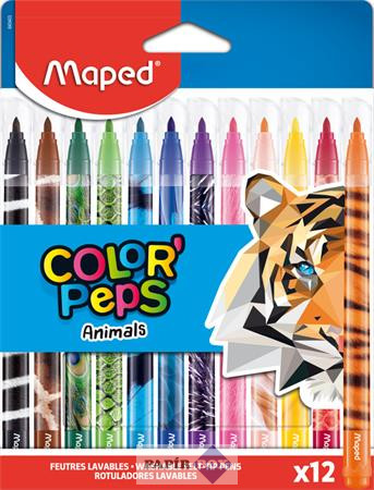 Filctoll készlet, 2,8 mm, kimosható, MAPED "Color’Peps Animals", 12 különböző szín