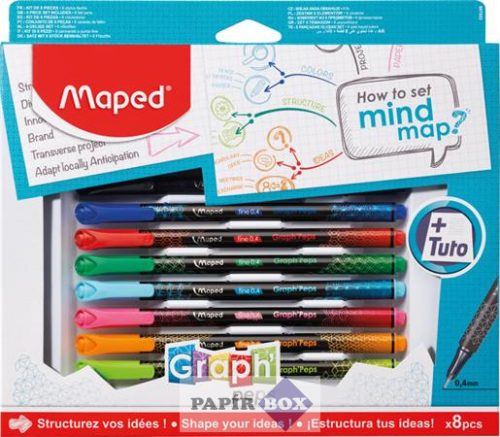 Tűfilc készlet, 0,4 mm, MAPED "Graph'Peps - How to Mind Map Box", 8 különböző szín