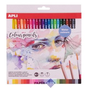   Akvarell színes ceruza készlet, háromszögletű, ecsettel, APLI, 24 különböző szín