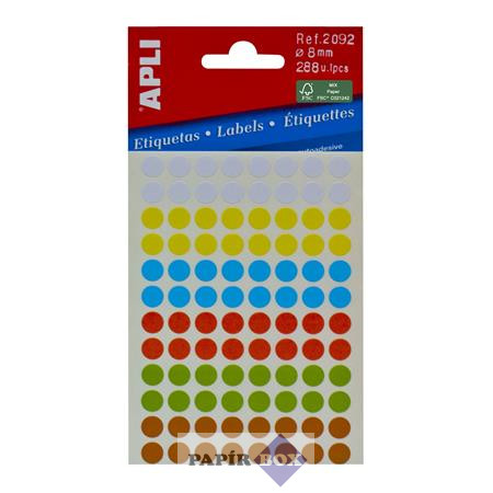 Etikett, 8 mm, kör, kézzel írható, színes, APLI, vegyes színek, 288 etikett/csomag
