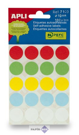 Etikett, 19 mm kör, kézzel írható, színes, APLI, vegyes színek, 100 etikett/csomag