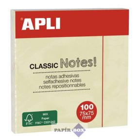 Öntapadós jegyzettömb, 75x75 mm, 100 lap, APLI, sárga