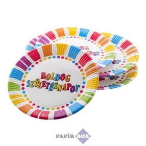   Tányér, papír, 23 cm, "Boldog születésnapot", csíkos-pöttyös