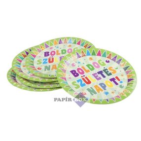   Tányér, papír, 23 cm, "Boldog születésnapot", zászlós