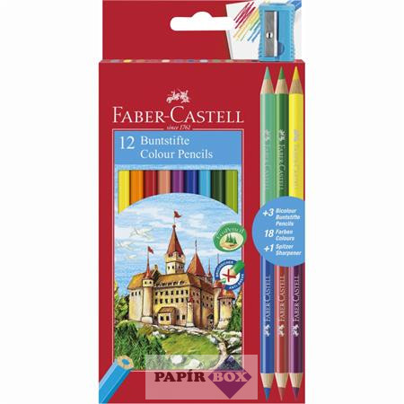 Színes ceruza készlet, hatszögletű, FABER-CASTELL, 12 különböző szín + 3 db bicolor ceruza