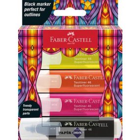   Szövegkiemelő készlet, FABER-CASTELL "Glassy", 3 különböző neon szín + fekete