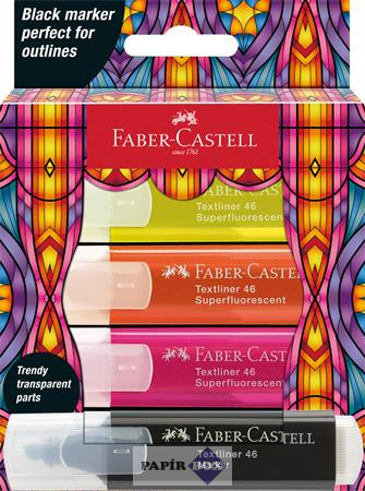 Szövegkiemelő készlet, FABER-CASTELL "Glassy", 3 különböző neon szín + fekete