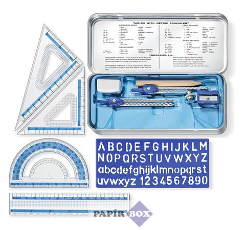 Matematikai készlet, fém dobozban, 10 darabos, vonalzóval, körzővel és kiegészítőkkel, Staedtler