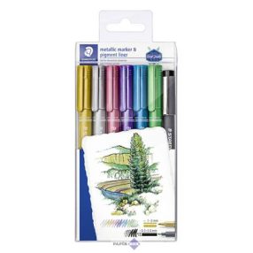  Dekormarker, 1-2 mm, kúpos, STAEDTLER, 6 különböző metál szín, ajándék fekete tusfilccel
