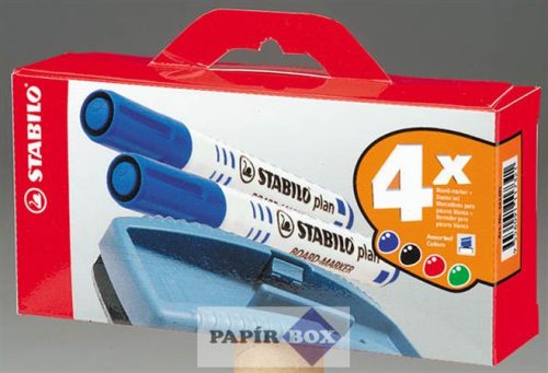 Táblamarker készlet, 2,5-3,5 mm, kúpos, szivaccsal, STABILO "Plan", 4 különböző szín