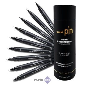   Rajzmarker készlet, UNI PIN "Tube", 9 különböző vonalvastagság, fekete