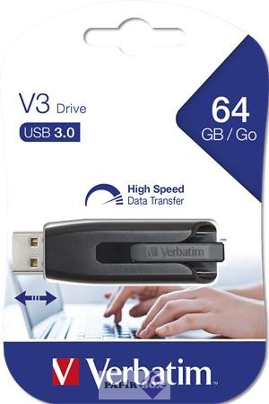 Pendrive, 64GB, USB 3.0, 80/25 MB/sec, VERBATIM "V3", fekete-szürke